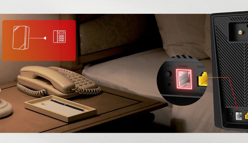 Router MERCUSYS MB520-5G Telefon stacjonarny na nocnej szafce, zbliżenie na port telefoniczny w routerze i jego podłączenie, port telefoniczny, technologia VoLTE