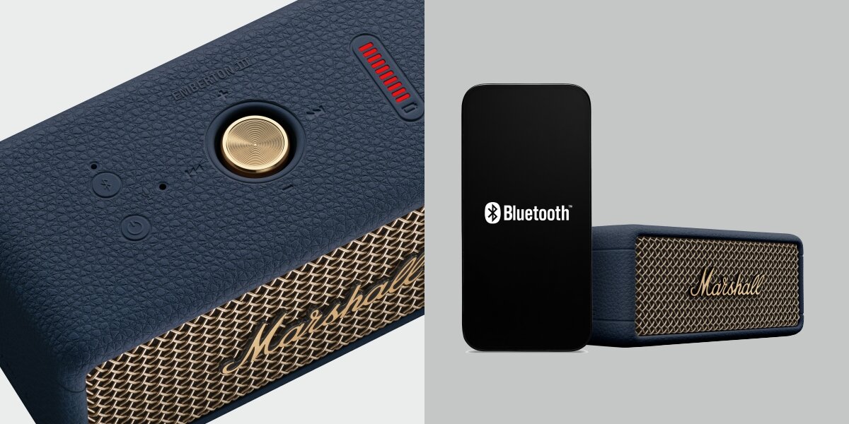 Głośnik mobilny MARSHALL Emberton III - Przyszłościowa łączność, Bluetooth LE Audio, Auracast, głośnik stojący pod skosem, ręka chcąca wpiąć kabel USB-C
