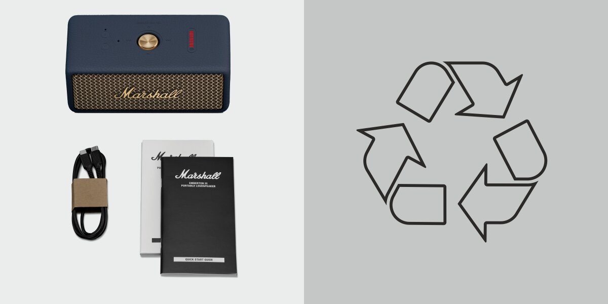 Głośnik mobilny MARSHALL Emberton III - Z myślą o środowisku, 79% z plastiku pochodzącego z recyklingu, wolna od PVC, głośnik , kabel USB-C/USB-A, logo recyklingu