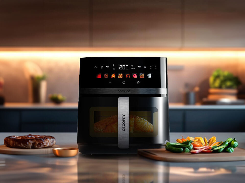 Air Fryer Frytkownica beztłuszczowa CECOTEC Cecofry&Grill Duoheat 8000 ograniczenie tłuszczu frytkownica czarna obudowa przyciski ilustracje wyświetlacz kuchenne tło