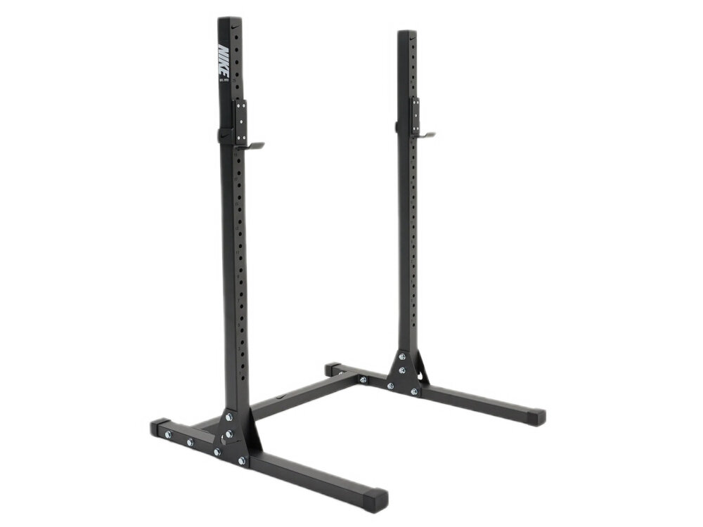 Stojak pod sztangę NIKE Squat Stand stojak na białym tle do bezpiecznego odkładania sztangi organizacji treningu siłowego szerokości 126 cm długości 130 cm 183,4 cm wysokości Maksymalne obciążenie do 317 kg