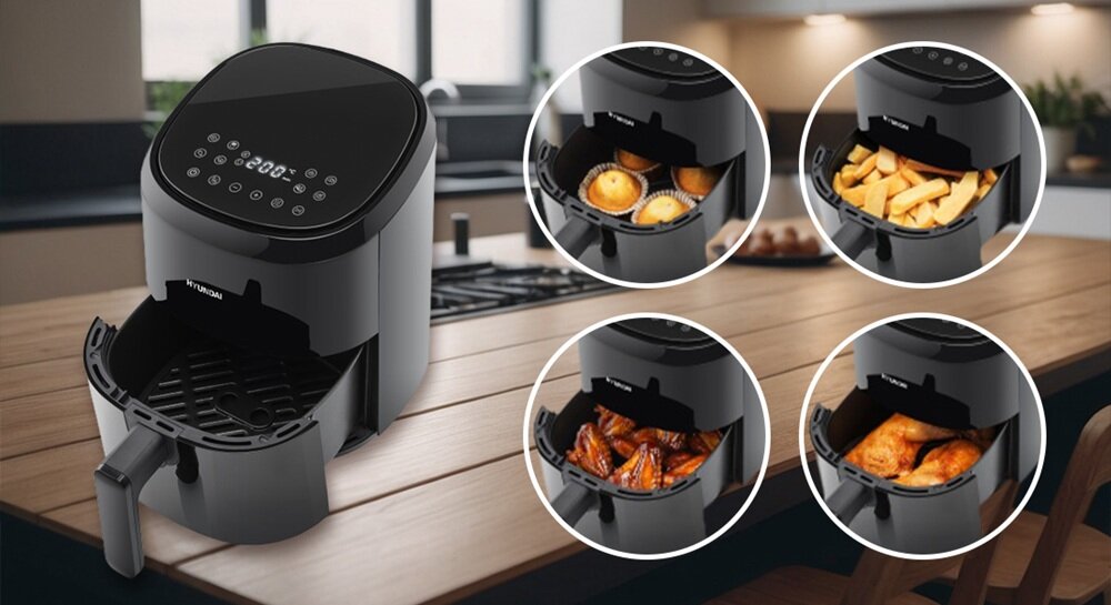Air Fryer Frytkownica beztłuszczowa HYUNDAI AF220 zabezpieczenie termiczne oraz blokada działania, antypoślizgowe nóżki, do małej kuchni