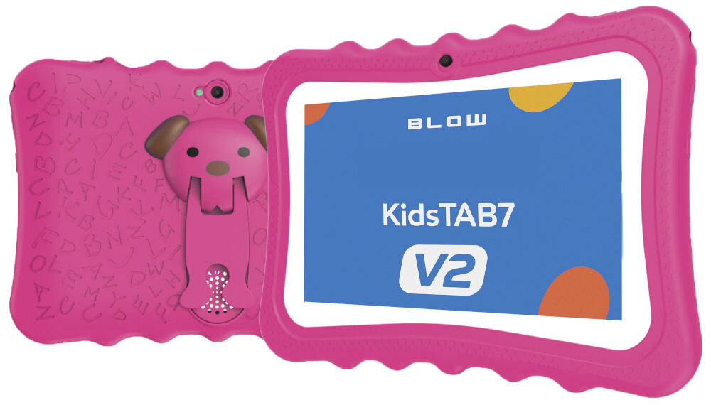 Tablet BLOW Kids Tab 7 V2 7 cali 4/32 GB Wi-Fi Różowy prezentacja urządzenia od przodu i od tyłu na białym tle praktyczny i rozwijający prezent dla dziecka start przygody z technologią nauka zabawa poznawanie świata gry i aplikacje edukacyjne rozwój kreatywność