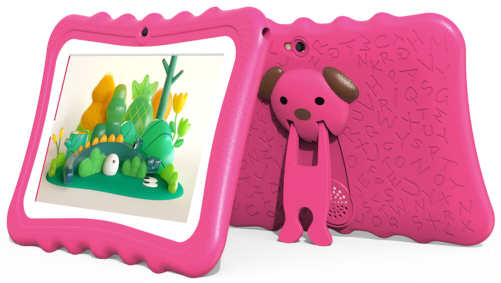 Tablet BLOW Kids Tab 7 V2 7 cali 4/32 GB Wi-Fi Różowy prezentacja urządzenia od przodu i od tyłu na białym tle czterordzeniowy procesor 4 GB pamięci RAM stabilne i szybkie działanie wielozadaniowość wymagające aplikacje