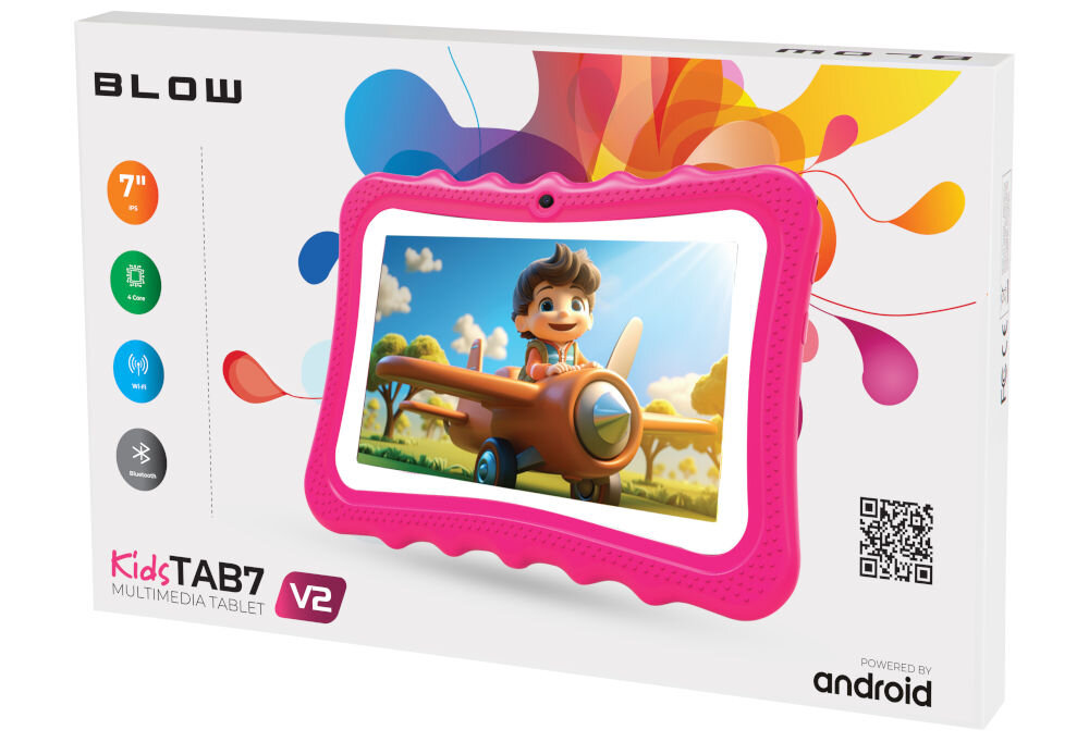 Tablet BLOW Kids Tab 7 V2 7 cali 4/32 GB Wi-Fi Różowy prezentacja opakowania urządzenia na białym tle system Android 14 prosty interfejs dostęp do Google Play tysiące aplikacji Netflix YouTube HBO Max Disney+ Messenger Facebook Snapchat ochrona prywatności nawigacja gestami dobra jakość dźwięku rośnie z dzieckiem