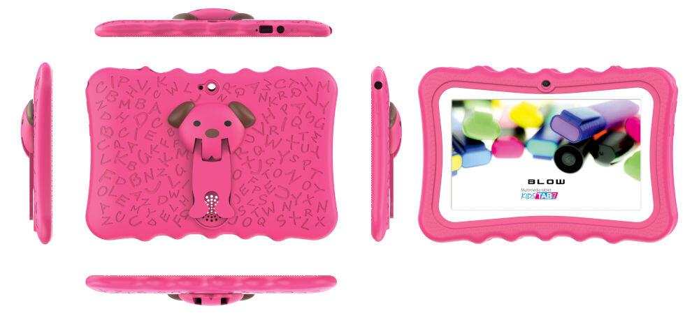 Tablet BLOW Kids Tab 7 V2 7 cali 4/32 GB Wi-Fi Różowy prezentacja urządzenia frontu tyłu góry dołu i boków na białym tle zintegrowane etui ochronne zabezpiecza tablet przed upadkami i zarysowaniami trwałość