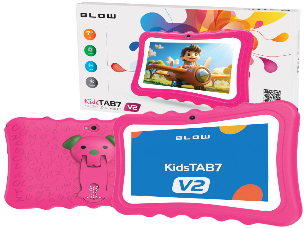 Tablet BLOW Kids Tab 7 V2 7 cali 4/32 GB Wi-Fi Różowy prezentacja urządzenia od tyłu przodu i jego opakowania na białym tle obsługa szerokiej gamy formatów audio i wideo wygodne rozwiązanie