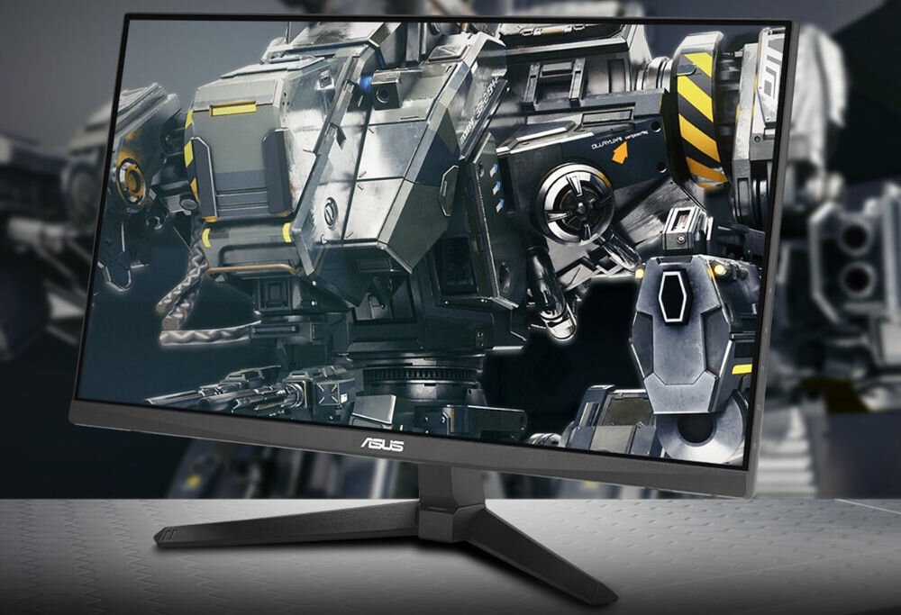 Monitor ASUS TUF Gaming VG279QE5A 27 cali 1920 x 1080px IPS 144Hz 1 ms [MPRT] prezentacja monitora od przodu pod kątem na ekranie robot wychodzący poza ekran