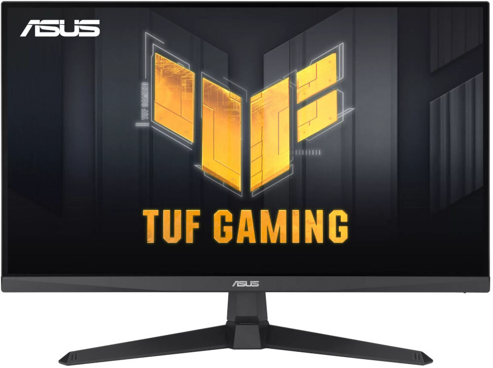 Monitor ASUS TUF Gaming VG279QE5A 27 cali 1920 x 1080px IPS 144Hz 1 ms [MPRT] prezentacja monitora od przodu na białym tle na ekranie napis TUF GAMING logo oraz nazwa firmy 27 cali rozdzielczość odświeżanie czas reakcji ELMB płynność ostry obraz