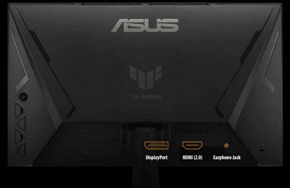 Monitor ASUS TUF Gaming VG279QE5A 27 cali 1920 x 1080px IPS 144Hz 1 ms [MPRT] prezentacja monitora od tyłu na czarnym tle z zaznaczonymi portami