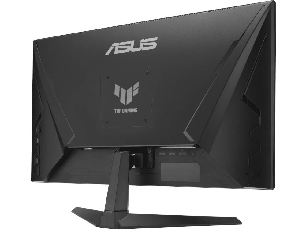 Monitor ASUS TUF Gaming VG279QE5A 27 cali 1920 x 1080px IPS 144Hz 1 ms [MPRT] prezentacja monitora od tyłu pod kątem na białym tle dwa głośniki 2W bez potrzeby podłączania dodatkowego sprzętu audio