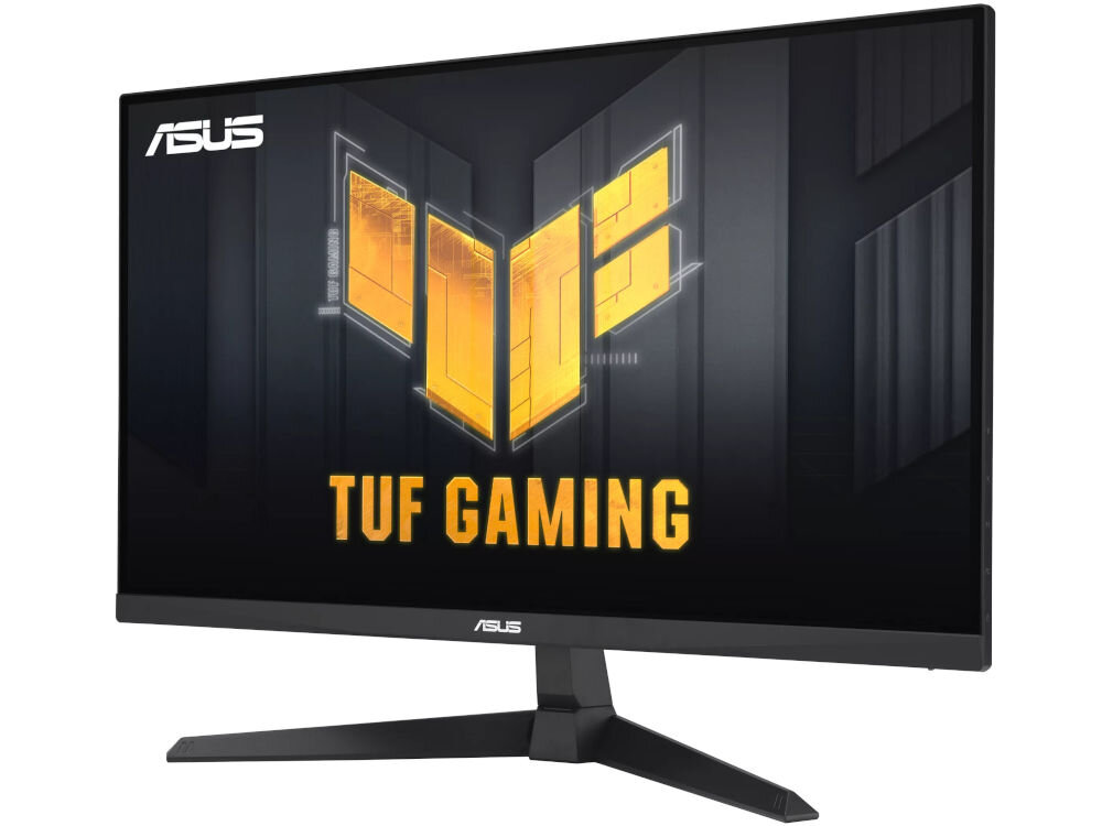 Monitor ASUS TUF Gaming VG279QE5A 27 cali 1920 x 1080px IPS 144Hz 1 ms [MPRT] prezentacja monitora na białym tle od przodu pod kątem elegancki design podstawa stabilność