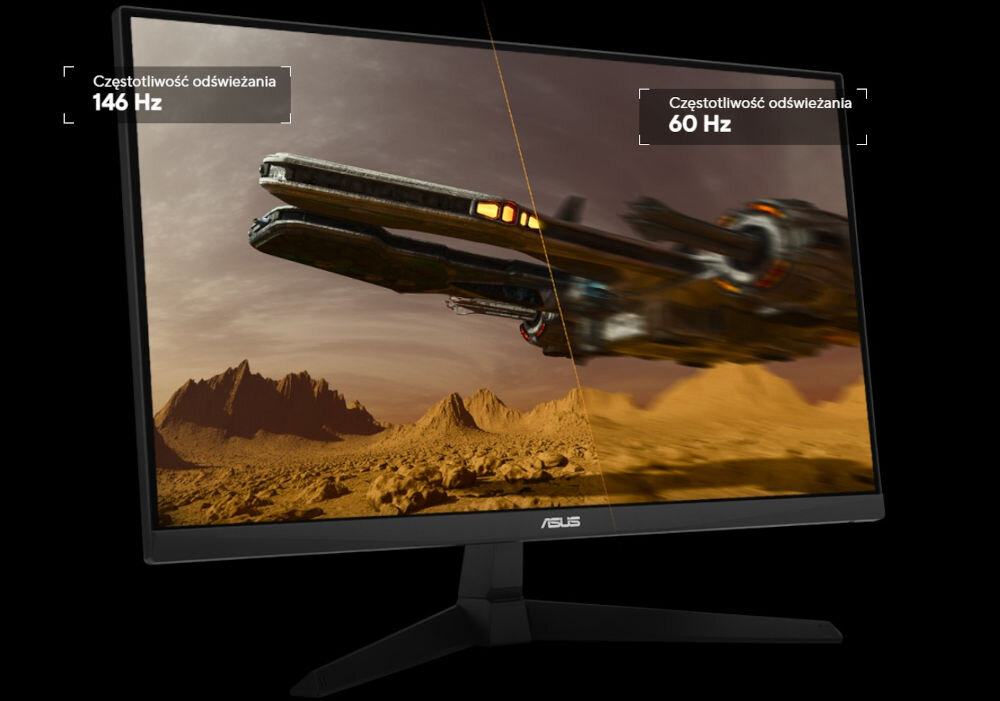 Monitor ASUS TUF Gaming VG279QE5A 27 cali 1920 x 1080px IPS 144Hz 1 ms [MPRT] porównanie częstotliwości odświeżania 146 Hz i 60 Hz na ekranie lecący statek kosmiczny czarne tło podkręcane odświeżanie 146 Hz pozbycie się opóźnień i efektów rozmycia przewaga