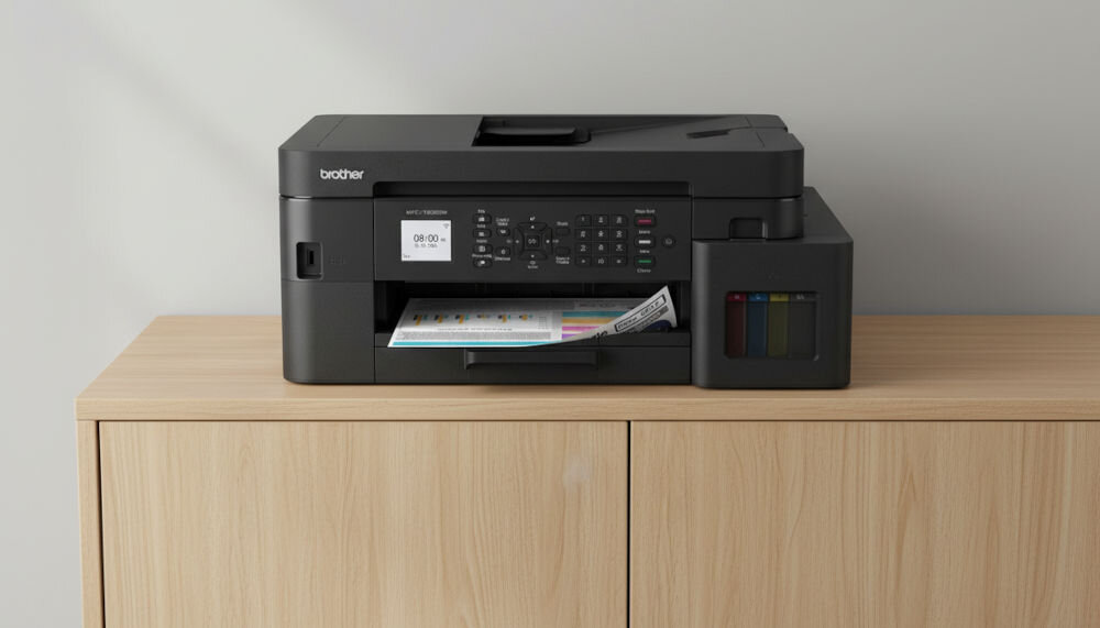 Urządzenie wielofunkcyjne BROTHER MFC-T930DW Druk w kolorze, Automatyczny druk dwustronny, Wi-Fi prezentacja urządzenia w jasnym pokoju na szafce
