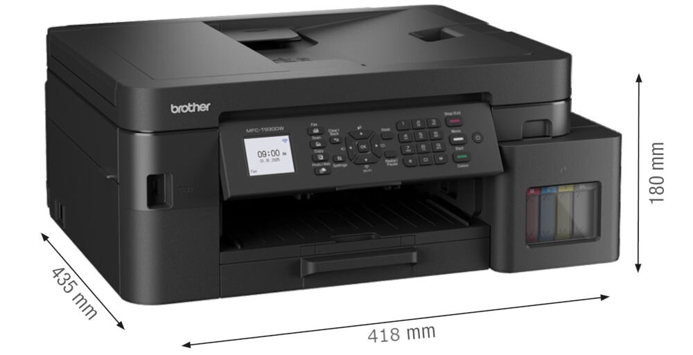 Urządzenie wielofunkcyjne BROTHER MFC-T930DW Druk w kolorze, Automatyczny druk dwustronny, Wi-Fi prezentacja urządzenia na białym tle pod kątem z wymiarami wymiary 435 x 418 x 180 mm swoboda organizacji