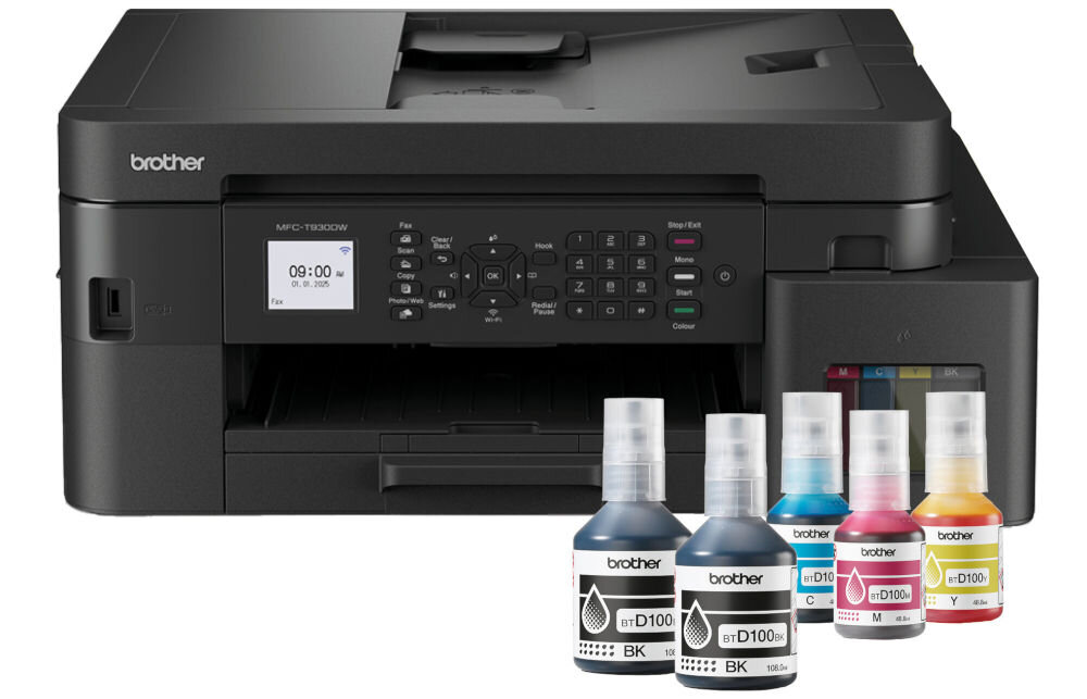 Urządzenie wielofunkcyjne BROTHER MFC-T930DW Druk w kolorze, Automatyczny druk dwustronny, Wi-Fi prezentacja drukarki i butelek z atramentem na białym tle pełne butelki w zestawie