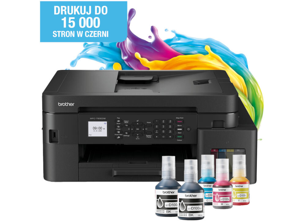 Urządzenie wielofunkcyjne BROTHER MFC-T930DW Druk w kolorze, Automatyczny druk dwustronny, Wi-Fi prezentacja urządzenia na białym tle z butelkami atramentu za urządzeniem imitacja wylanych atramentów napis drukuj do 15000 stron w czerni druk dwustronny duplex obniżenie kosztów redukcja zużycia papieru