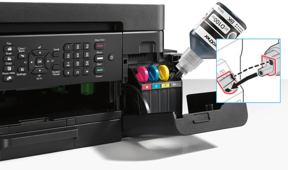 Urządzenie wielofunkcyjne BROTHER MFC-T930DW Druk w kolorze, Automatyczny druk dwustronny, Wi-Fi prezentacja uzupełniania atramentu w urządzeniu jasne tło oszczędność kosztów częste drukowanie uzupełnienie w prosty i czysty sposób wydajność