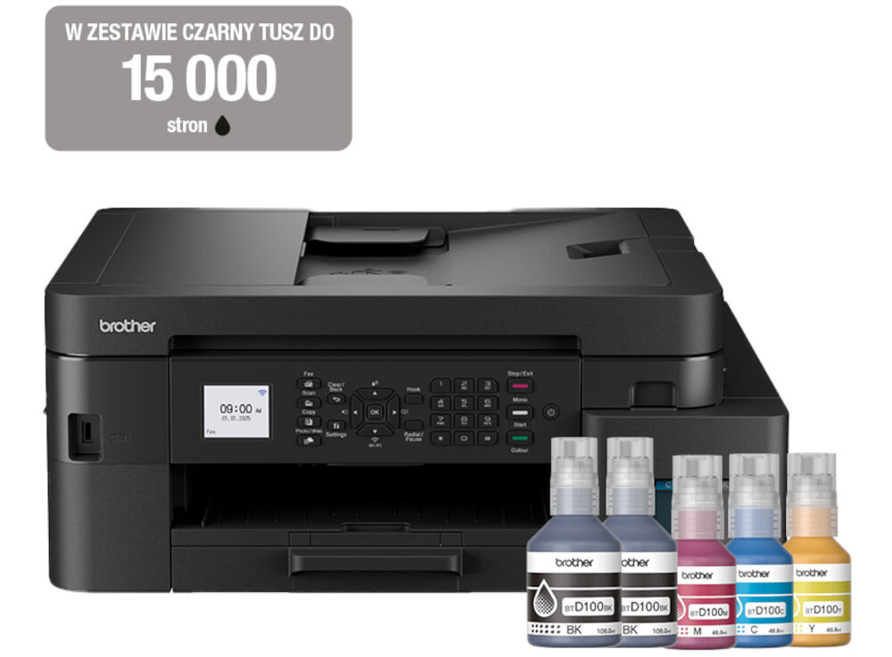 Urządzenie wielofunkcyjne BROTHER MFC-T930DW Druk w kolorze, Automatyczny druk dwustronny, Wi-Fi prezentacja urządzenia od przodu na białym tle z butelkami z atramentem napis w szarym prostokącie w zestawie czarny tusz do 15000 stron wydajność atramentu wydłużenie czasu pracy brak potrzeby martwienia się o częste przerwy