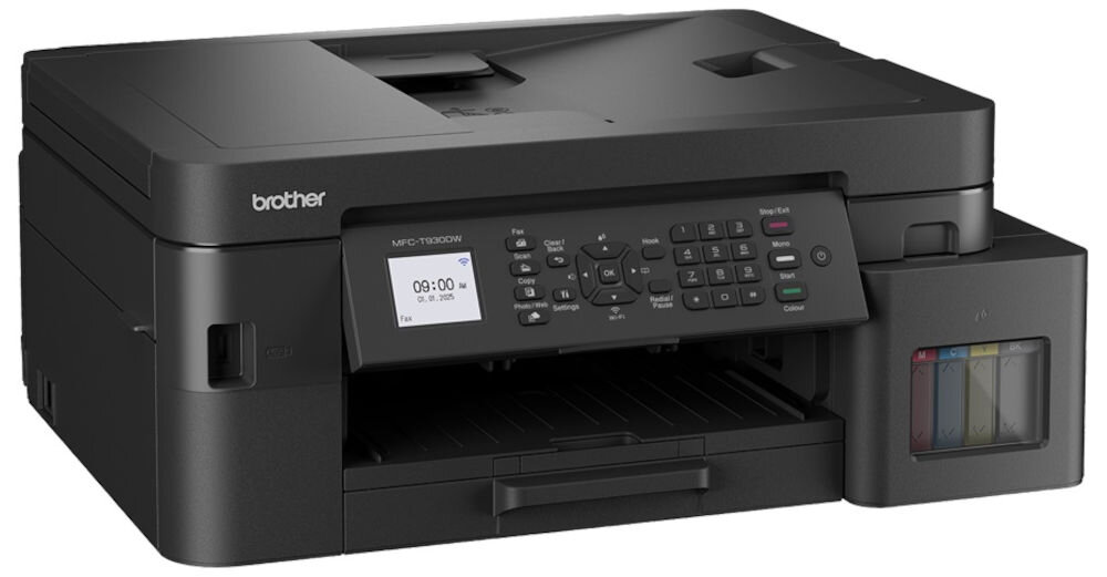 Urządzenie wielofunkcyjne BROTHER MFC-T930DW Druk w kolorze, Automatyczny druk dwustronny, Wi-Fi prezentacja urządzenia od przodu pod kątem na białym tle funkcje 4w1 druk faks skan kopiuj wygoda organizacja przestrzeni