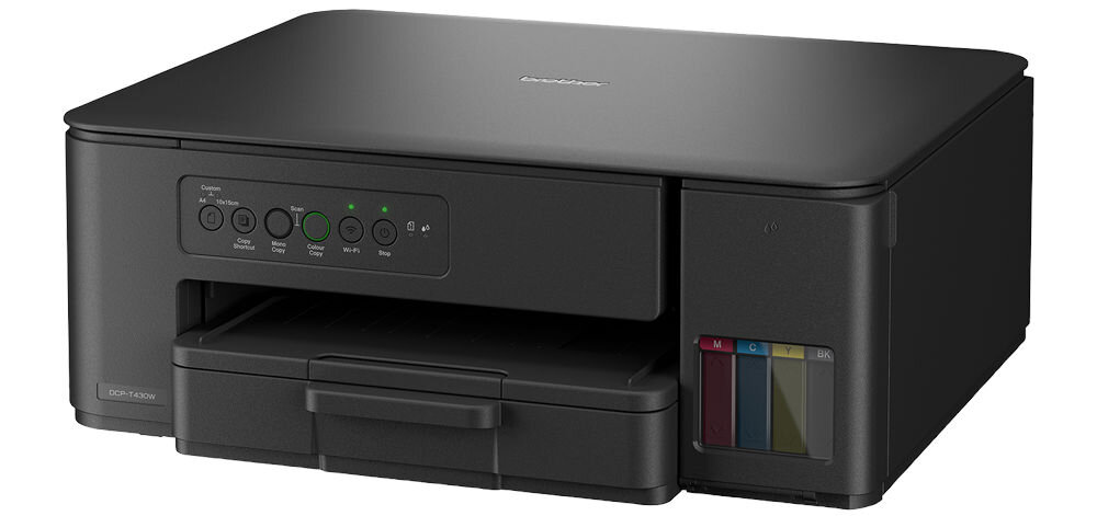 Urządzenie wielofunkcyjne BROTHER DCP-T430W Druk w kolorze, Wi-Fi prezentacja urządzenia na białym tle od przodu pod kątem Obsługa papieru od 64 do 300 g/m² w różnych zastosowaniach elastyczność