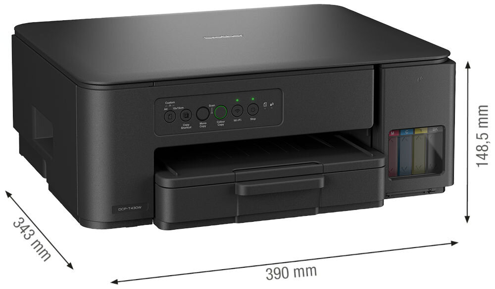 Urządzenie wielofunkcyjne BROTHER DCP-T430W Druk w kolorze, Wi-Fi prezentacja urządzenia na białym tle pod kątem z wymiarami wymiary 390 x 343 x 149 mm swoboda organizacji