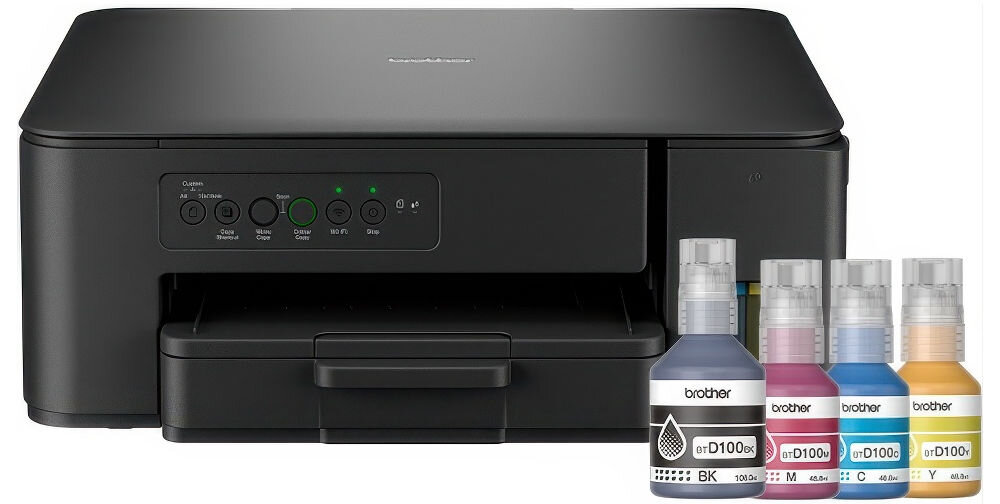 Urządzenie wielofunkcyjne BROTHER DCP-T430W Druk w kolorze, Wi-Fi prezentacja drukarki i butelek z atramentem na białym tle pełne butelki w zestawie
