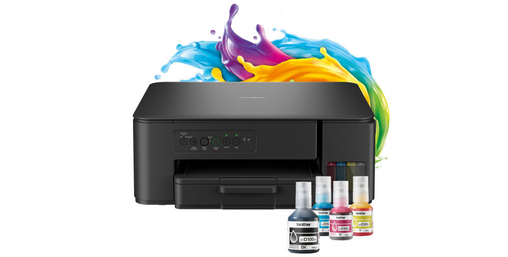 Urządzenie wielofunkcyjne BROTHER DCP-T430W Druk w kolorze, Wi-Fi urządzenie na białym tle z plamą farb przed butelki z atramentem rozdzielczość skanowania w kolorze dokumenty zdjęcia rozdzielczość interpolowana wysoka jakość