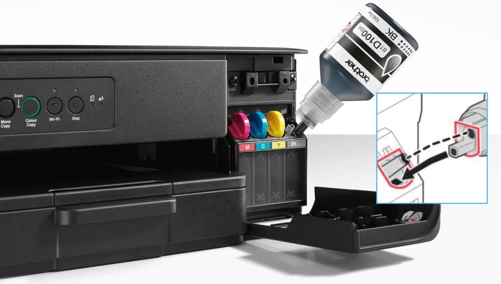 Urządzenie wielofunkcyjne BROTHER DCP-T430W Druk w kolorze, Wi-Fi prezentacja uzupełniania atramentu w urządzeniu jasne tło oszczędność kosztów częste drukowanie uzupełnienie w prosty i czysty sposób wydajność