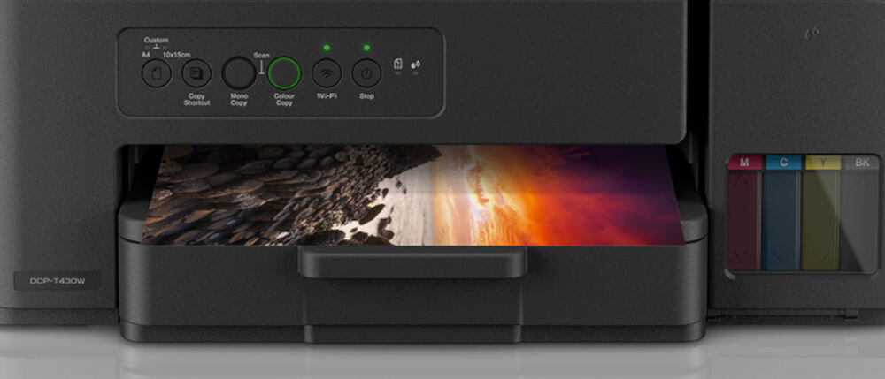 Urządzenie wielofunkcyjne BROTHER DCP-T430W Druk w kolorze, Wi-Fi zbliżenie na podajnik papieru automatyczny podajnik papieru ilość arkuszy sprzyja nieprzerwanej pracy obecność podajnika ręcznego drukowanie na nietypowych nośnikach