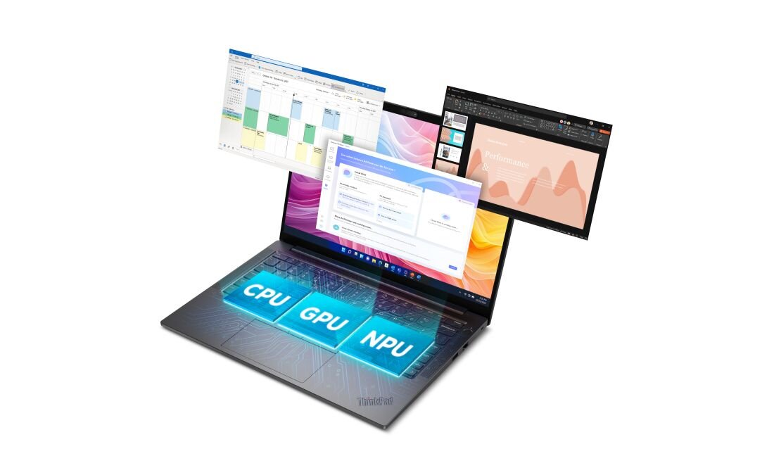 Laptop Lenovo ThinkPad E14 Gen 7 z procesorem Intel Core Ultra 7 255H wyświetla wiele okien aplikacji podczas pracy w środowisku biurowym - Procesor Intel Core Ultra 7 255H Arrow Lake