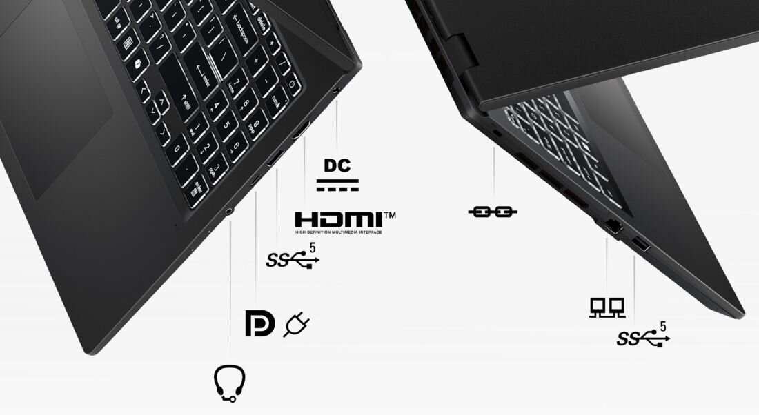 Dwa laptopy MSI prezentują złącza HDMI, USB‑C i USB‑A pokazane w szczegółowym ujęciu bocznej krawędzi – Pełen zestaw portów 
