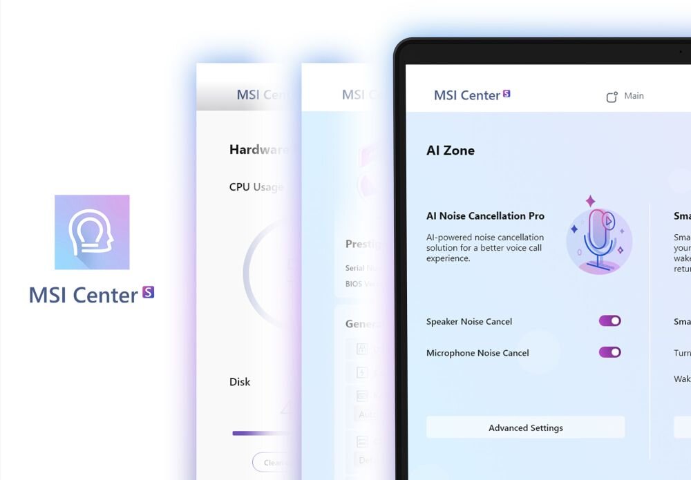 Interfejs aplikacji MSI Center S prezentuje ustawienia AI Noise Cancellation i statystyki sprzętowe na jasnym, minimalistycznym tle – MSI Center S 