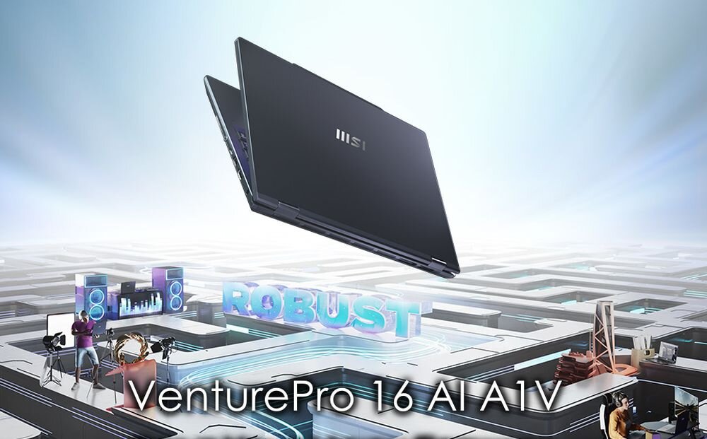 Laptop MSI VenturePro 16 unosi się nad futurystyczną siatką graficzną, podkreślając wytrzymałą konstrukcję oznaczoną napisem ROBUST 