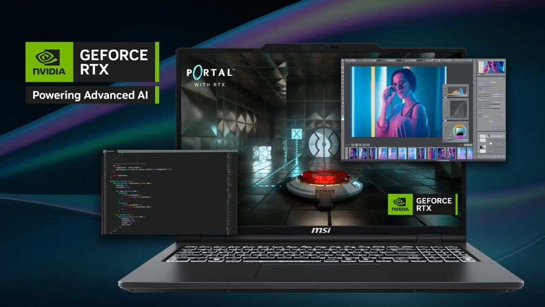 Laptop MSI prezentuje gry, edycję zdjęć i kodowanie dzięki karcie NVIDIA GeForce RTX na futurystycznym tle – NVIDIA GeForce RTX Ada Lovelace