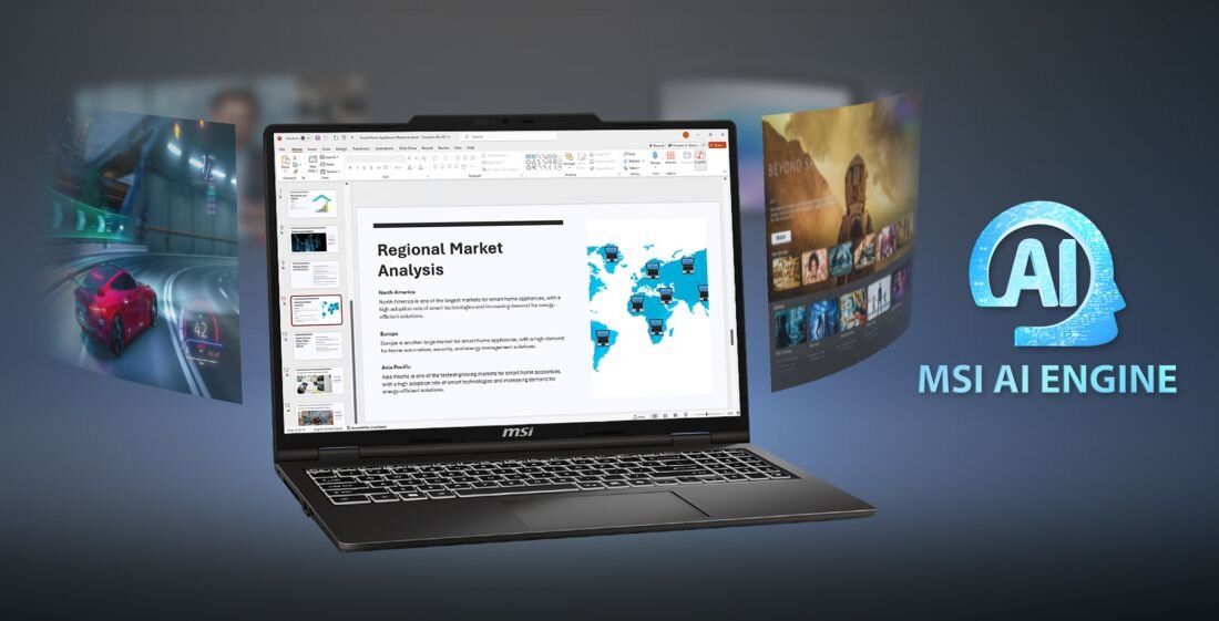 Laptop MSI wyświetla aplikacje biurowe i multimedialne obok ikon MSI AI Engine na ciemnym tle – MSI AI Engine 