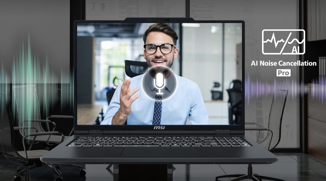 Laptop MSI pokazuje tryb AI Noise Cancellation Pro podczas rozmowy online w biurze z wizualizacją fal dźwiękowych – AI Noise Cancellation Pro