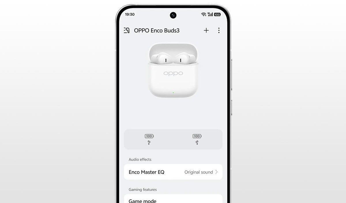 OPPO Enco Buds 3 aplikacja HeyMelody, kontrola baterii, ustawienia gestów, kompatybilność, Smartfon z aplikacją HeyMelody do obsługi słuchawek OPPO Enco Buds3 – ekran z poziomem baterii i ustawieniami trybów