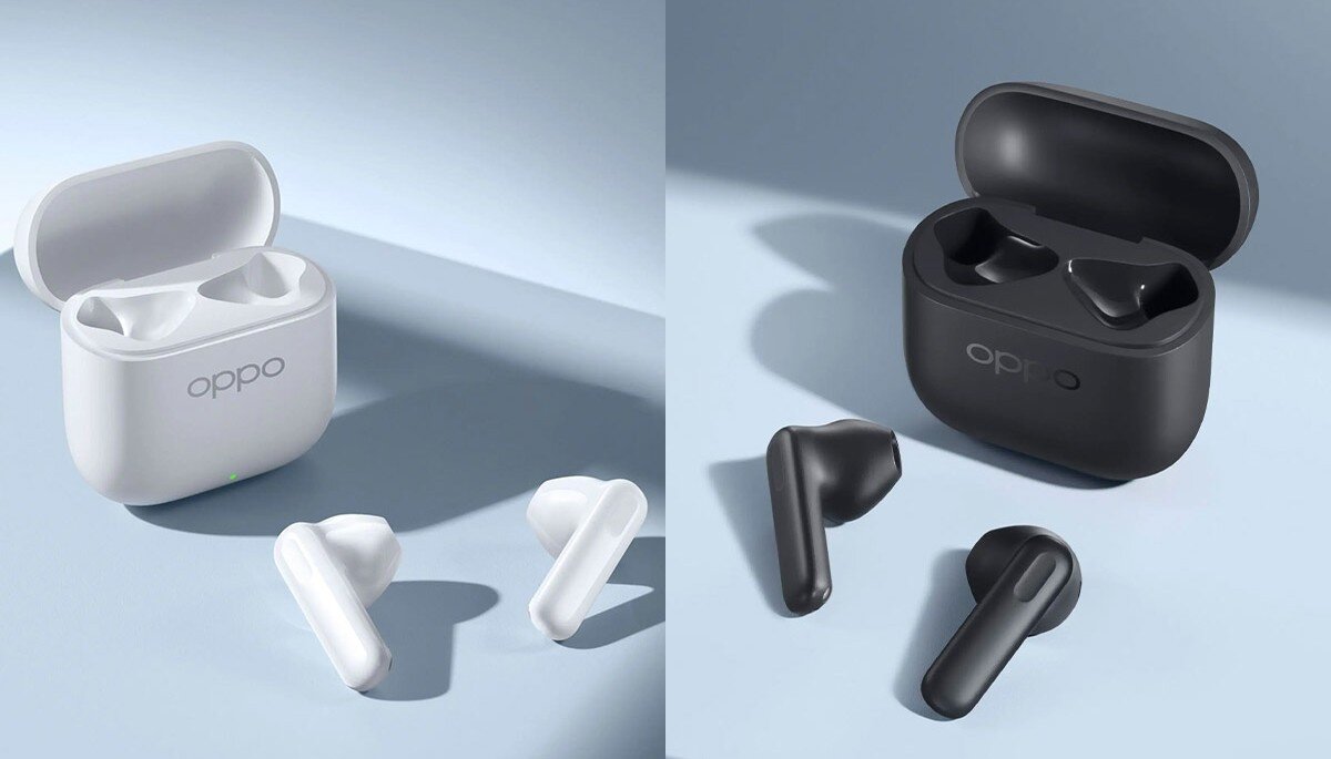 OPPO Enco Buds 3 ergonomiczne dopasowanie komfort, testowane, dopasowanie do ucha, Słuchawki Enco Buds3 w kolorze białym oraz czarnym leżące obok otwartego etui