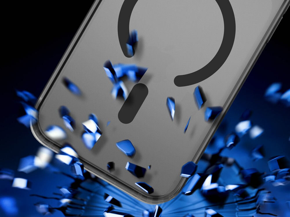 Etui 3MK Frosty MagCase do Apple iPhone 17 Pro Czarny Etui z technologią MagSafe unoszące się nad rozbitym szkłem, symbolizujące ochronę przed uderzeniami