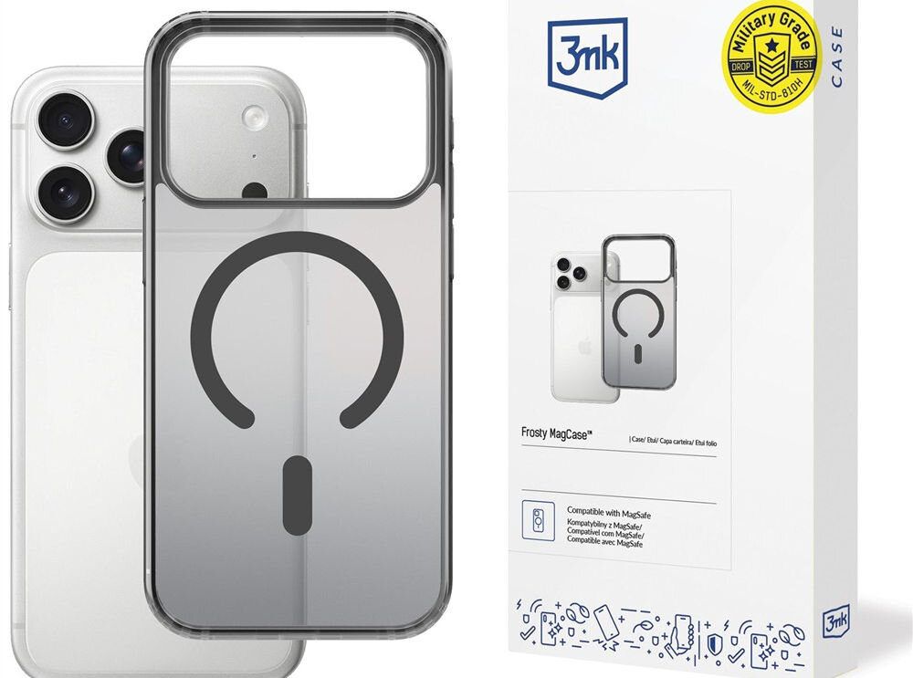 Etui 3MK Frosty MagCase do Apple iPhone 17 Pro Czarny prezentacja etui z telefonem i opakowaniem na białym tle długoletnie badania ewolucja razem z potrzebami użytkowników bezpieczeństwo trwałość