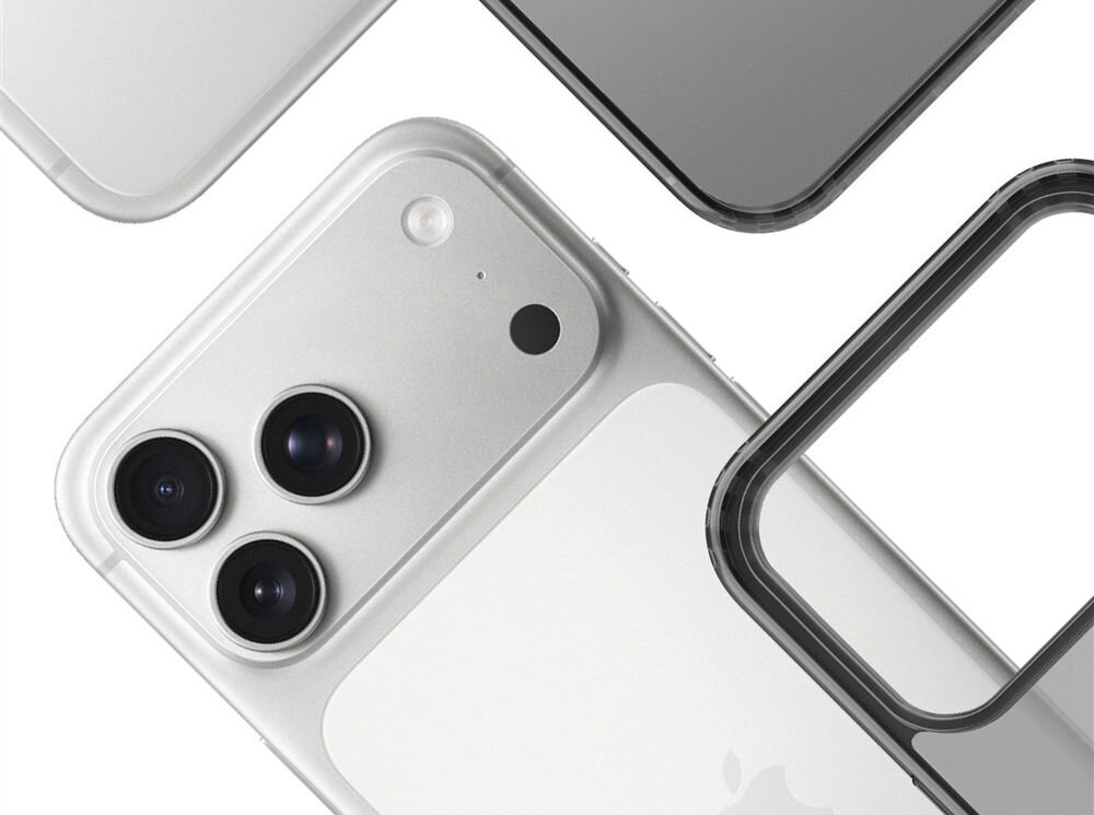 Etui 3MK Frosty MagCase do Apple iPhone 17 Pro Czarny Kompozycja transparentnych etui z technologią MagSafe ułożonych pod kątem na białym tle i telefon specjalnie wzmocnione podwyższone krawędzie wokół aparatu ochrona delikatnych soczewek