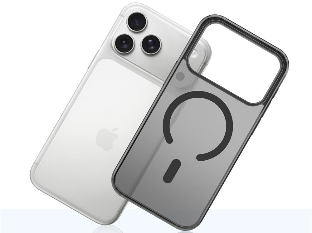 Etui 3MK Frosty MagCase do Apple iPhone 17 Pro Czarny etui a obok telefon pod kątem na białym tle certyfikat Military Grade wysoki poziom bezpieczeństwa