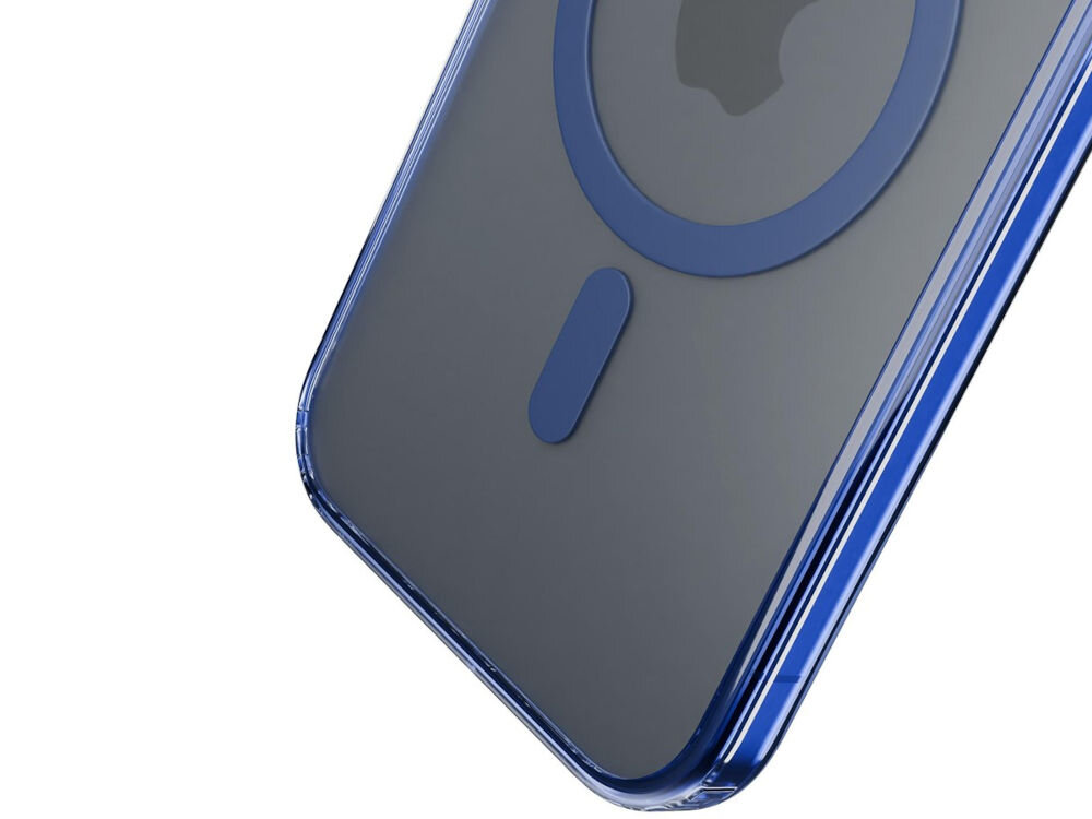 Etui 3MK Frosty MagCase do Apple iPhone 17 Niebieski Zbliżenie pod kątem na dolną część tyłu transparentnego etui na telefon białe tło certyfikat Military Grade wysoki poziom bezpieczeństwa