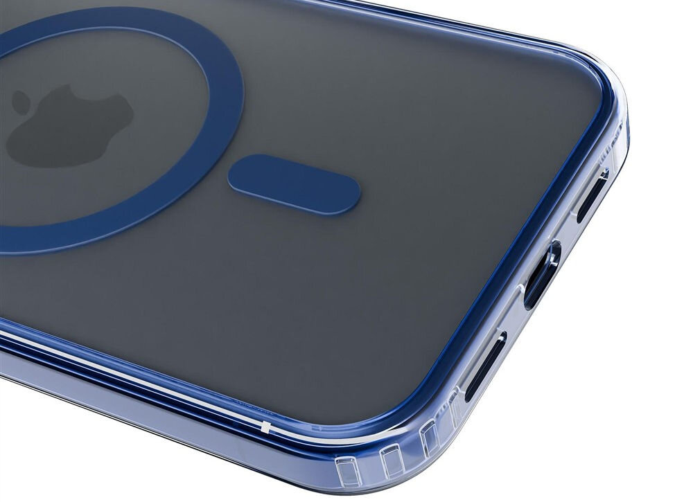 Etui 3MK Frosty MagCase do Apple iPhone 17 Niebieski Zbliżenie na dolną krawędź transparentnego etui na telefon, ukazujące port ładowania i głośnik technologia Easy Click Buttons dokładność obsługi urządzenia swobodny dostęp do przycisków