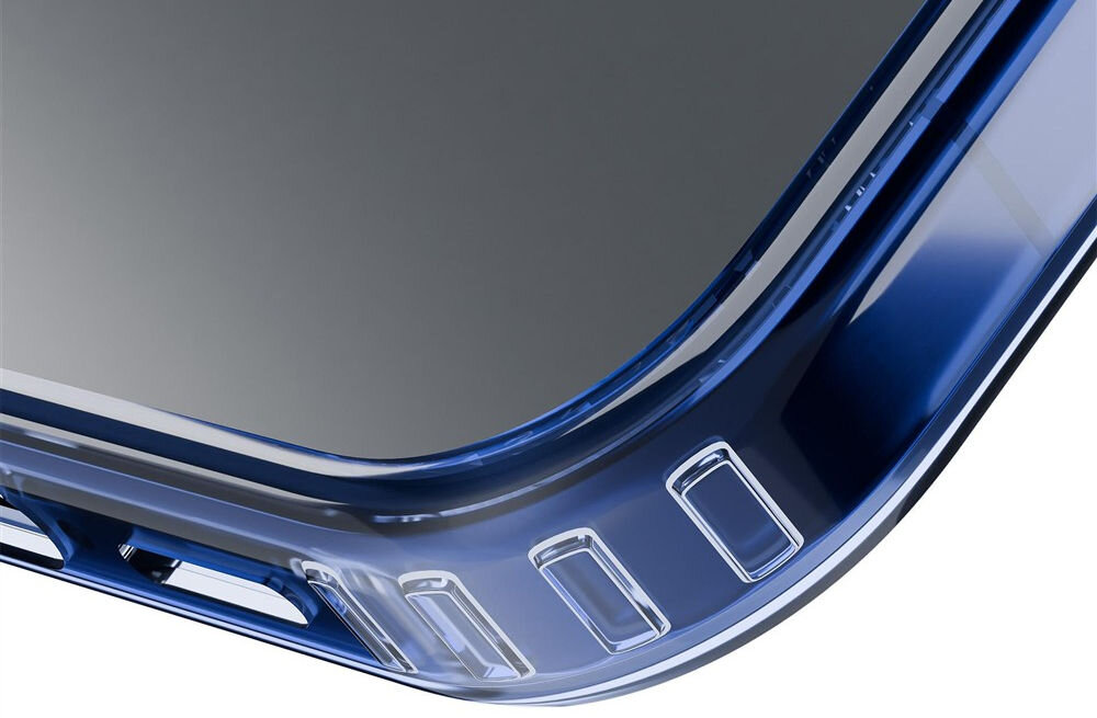 Etui 3MK Frosty MagCase do Apple iPhone 17 Niebieski Zbliżenie na narożnik transparentnego etui na telefon, ukazujące wzmocnioną konstrukcję chroniącą przed upadkami antypoślizgowe krawędzie ogranicza ryzyko przypadkowego upuszczenia