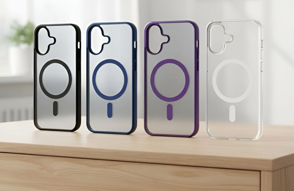 Etui 3MK Frosty MagCase do Apple iPhone 17 Niebieski prezentacja możliwych kolorów etui na komodzie w pokoju bogata gama kolorów połącz bezpieczeństwo z designem wybierz ulubiony wariant