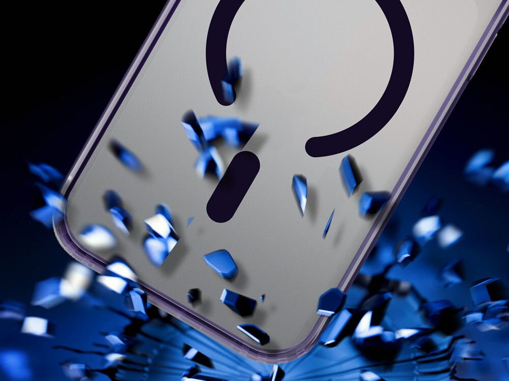 Etui 3MK Frosty MagCase do Apple iPhone 17 Pro Fioletowy Etui z technologią MagSafe unoszące się nad rozbitym szkłem, symbolizujące ochronę przed uderzeniami