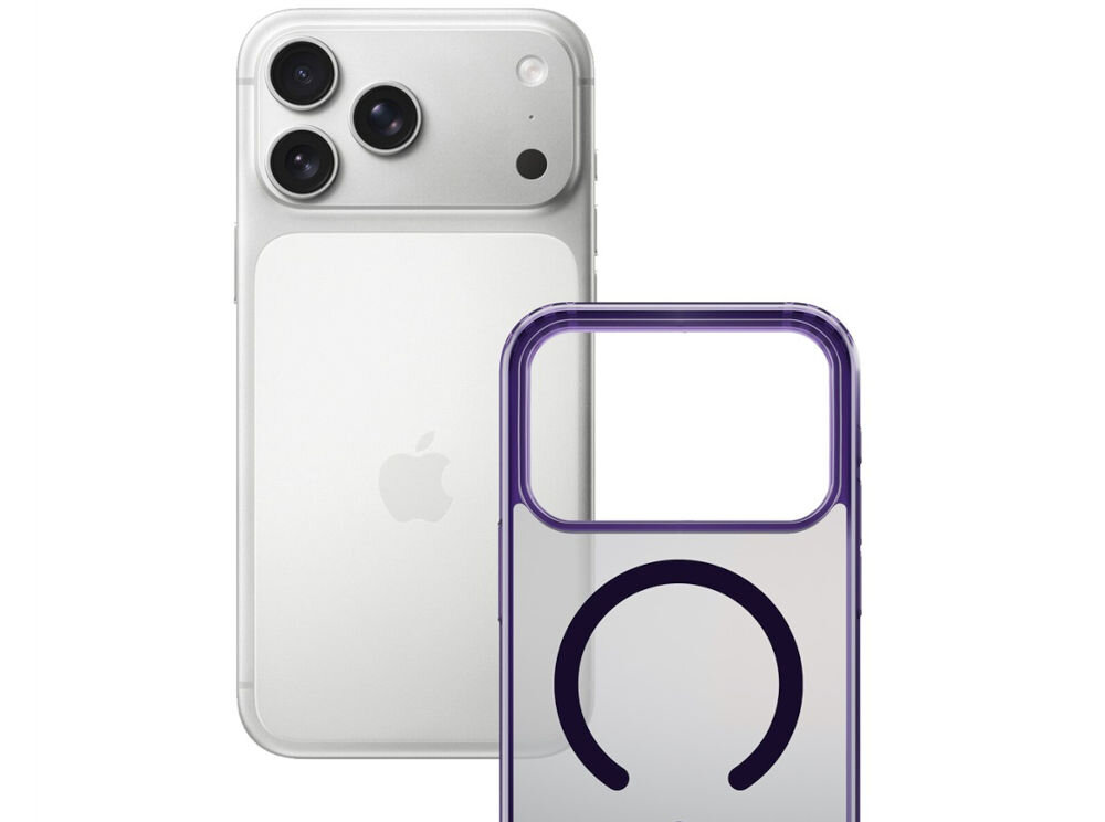 Etui 3MK Frosty MagCase do Apple iPhone 17 Pro Fioletowy prezentacja telefonu i etui na białym tle technologia Easy Click Buttons dokładność obsługi urządzenia swobodny dostęp do przycisków