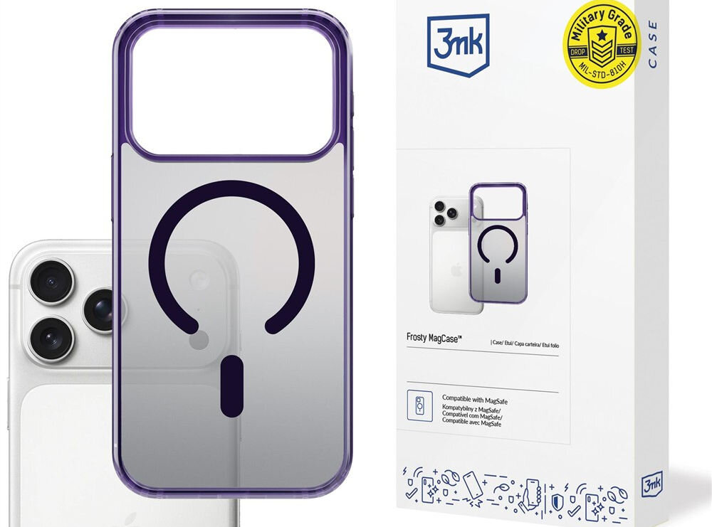 Etui 3MK Frosty MagCase do Apple iPhone 17 Pro Max Fioletowy prezentacja etui z telefonem i opakowaniem na białym tle długoletnie badania ewolucja razem z potrzebami użytkowników bezpieczeństwo trwałość